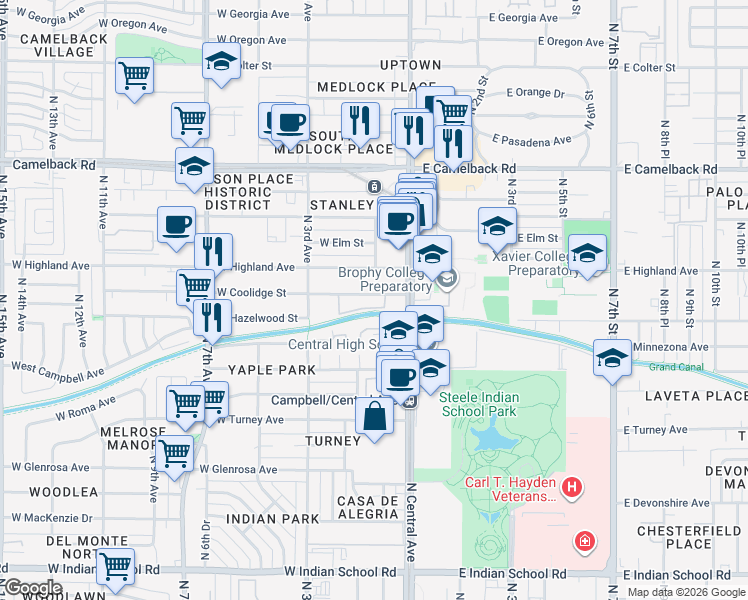 map of restaurants, bars, coffee shops, grocery stores, and more near 77 West Coolidge Street in Phoenix