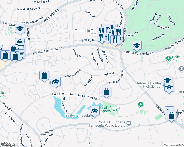 map of restaurants, bars, coffee shops, grocery stores, and more near 42220 Agena Street in Temecula