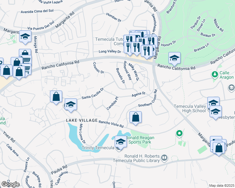 map of restaurants, bars, coffee shops, grocery stores, and more near 42220 Agena Street in Temecula
