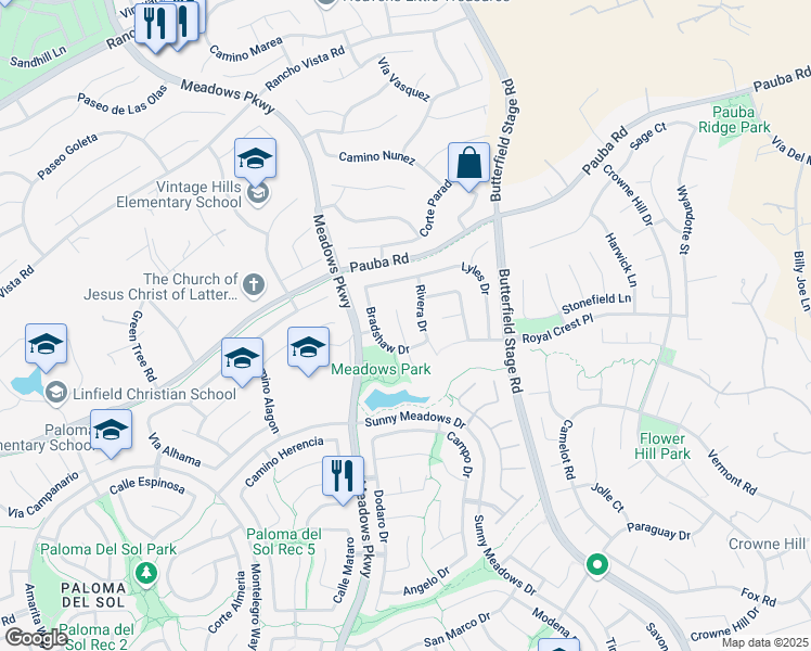 map of restaurants, bars, coffee shops, grocery stores, and more near 42576 Garcia Way in Temecula