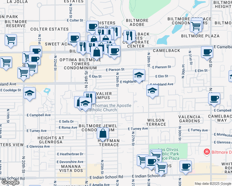 map of restaurants, bars, coffee shops, grocery stores, and more near 2544 East Meadowbrook Avenue in Phoenix