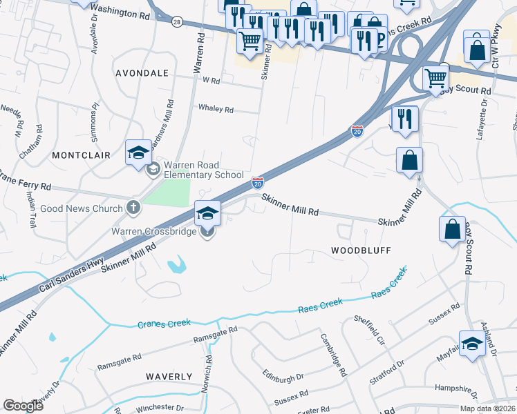 map of restaurants, bars, coffee shops, grocery stores, and more near 16 Mulberry Lane in Augusta