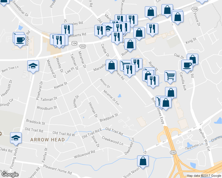 map of restaurants, bars, coffee shops, grocery stores, and more near 3886 Almon Drive in Martinez