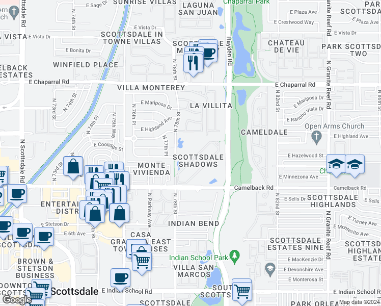 map of restaurants, bars, coffee shops, grocery stores, and more near 7850 East Camelback Road in Scottsdale