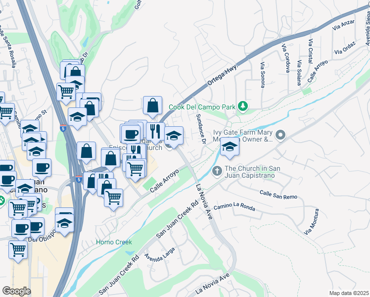 map of restaurants, bars, coffee shops, grocery stores, and more near 31571 Moonglow Lane in San Juan Capistrano