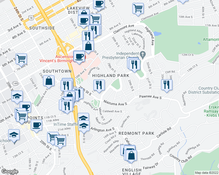 map of restaurants, bars, coffee shops, grocery stores, and more near 2727 Highland Avenue in Birmingham
