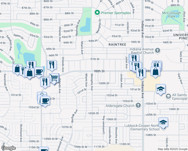 map of restaurants, bars, coffee shops, grocery stores, and more near 9811 Memphis Avenue in Lubbock