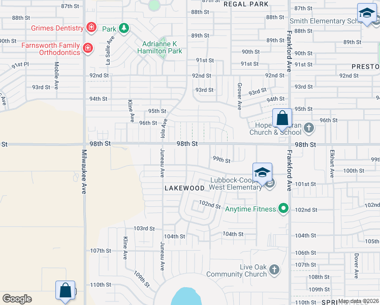 map of restaurants, bars, coffee shops, grocery stores, and more near 6022 100th Street in Lubbock