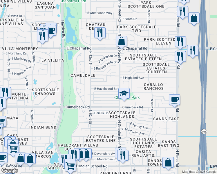 map of restaurants, bars, coffee shops, grocery stores, and more near 8320 East Meadowbrook Avenue in Scottsdale