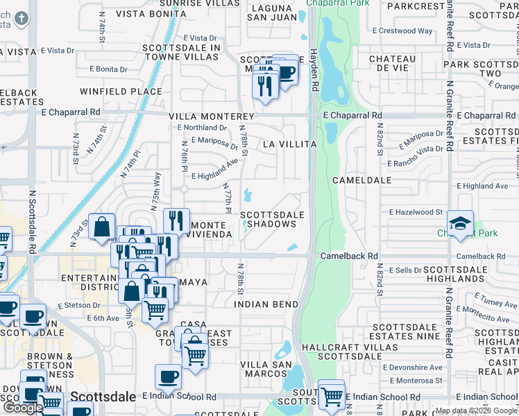 map of restaurants, bars, coffee shops, grocery stores, and more near in Scottsdale