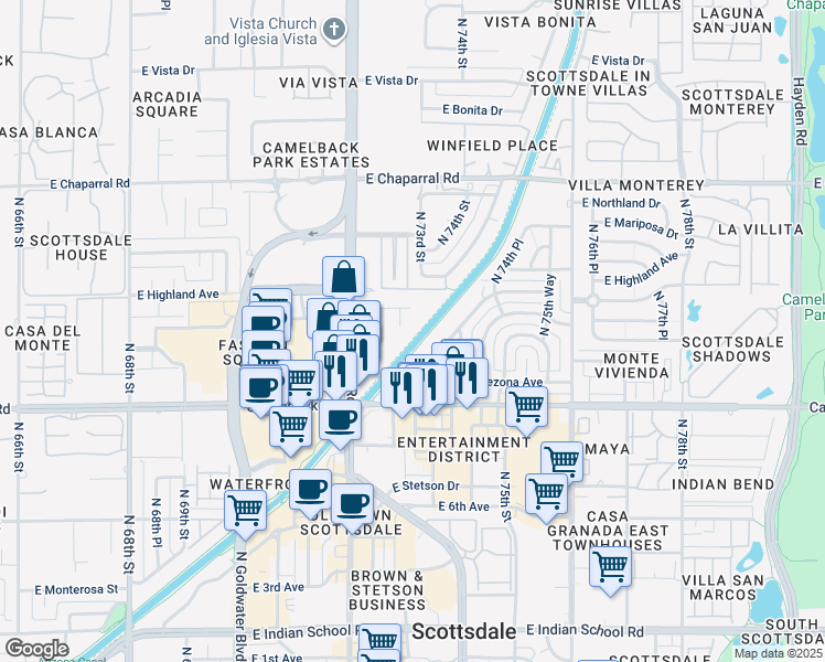 map of restaurants, bars, coffee shops, grocery stores, and more near 4737 North Scottsdale Road in Scottsdale