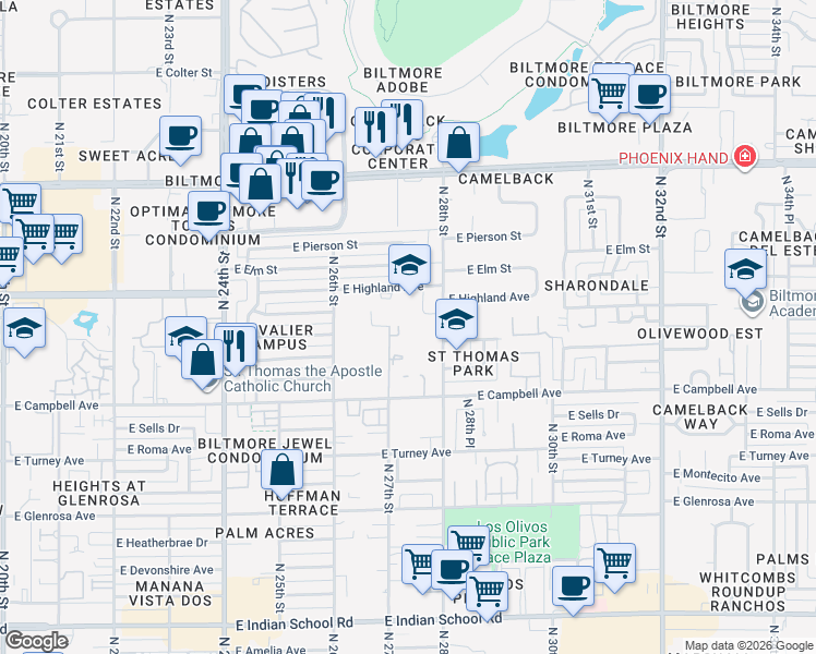 map of restaurants, bars, coffee shops, grocery stores, and more near 4612 N 28th St in Phoenix