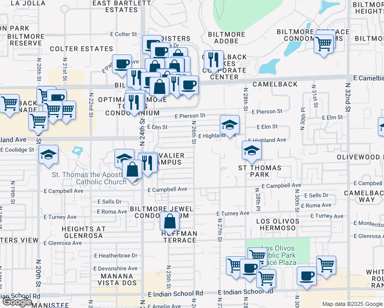 map of restaurants, bars, coffee shops, grocery stores, and more near 2544 East Meadowbrook Avenue in Phoenix