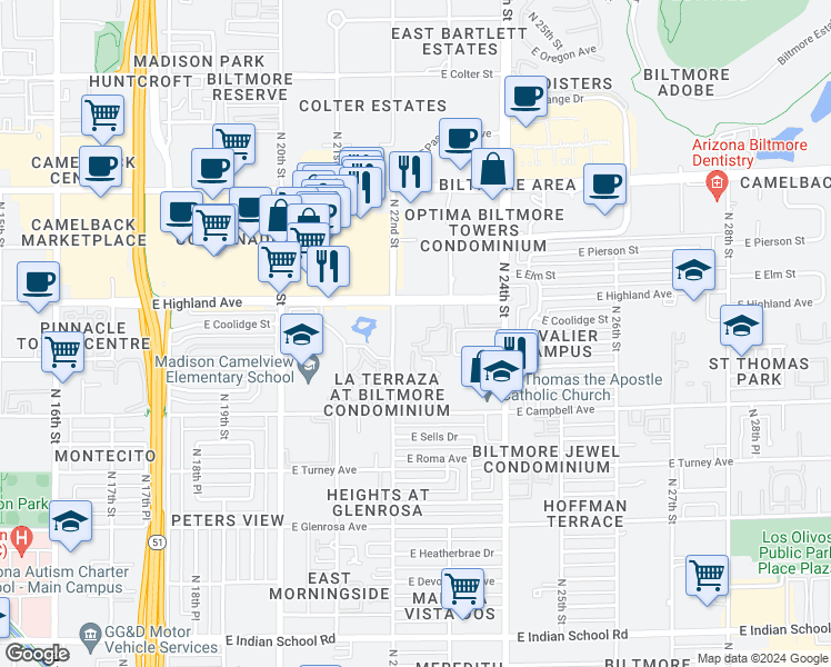map of restaurants, bars, coffee shops, grocery stores, and more near 4615 North 22nd Street in Phoenix