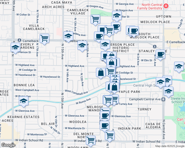 map of restaurants, bars, coffee shops, grocery stores, and more near 4539 North 10th Avenue in Phoenix