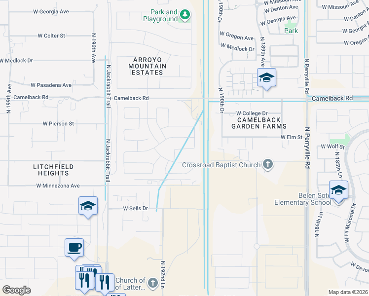 map of restaurants, bars, coffee shops, grocery stores, and more near 19134 West Coolidge Street in Litchfield Park