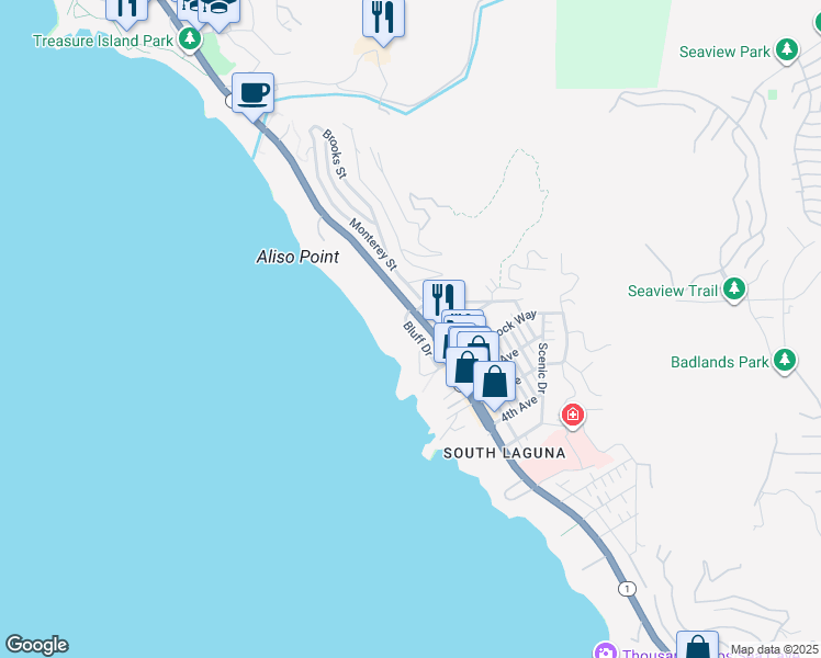 map of restaurants, bars, coffee shops, grocery stores, and more near 31541 Table Rock Drive in Laguna Beach