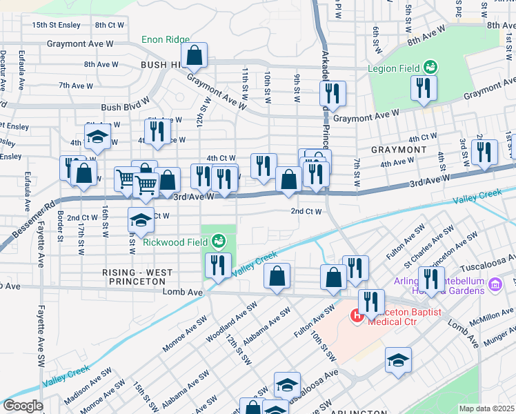 map of restaurants, bars, coffee shops, grocery stores, and more near 1001 2nd Court West in Birmingham