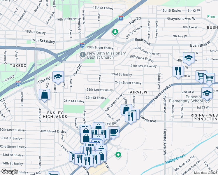 map of restaurants, bars, coffee shops, grocery stores, and more near 2521 25th Street Ensley in Birmingham