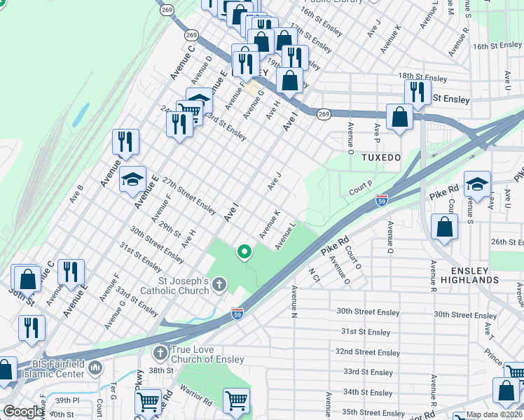 map of restaurants, bars, coffee shops, grocery stores, and more near 2609 Avenue J in Birmingham