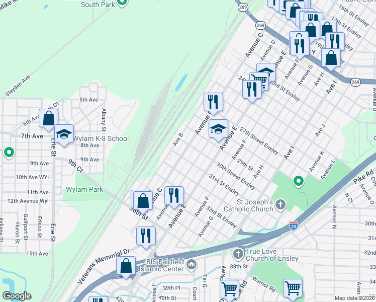 map of restaurants, bars, coffee shops, grocery stores, and more near 3105 Avenue C in Birmingham