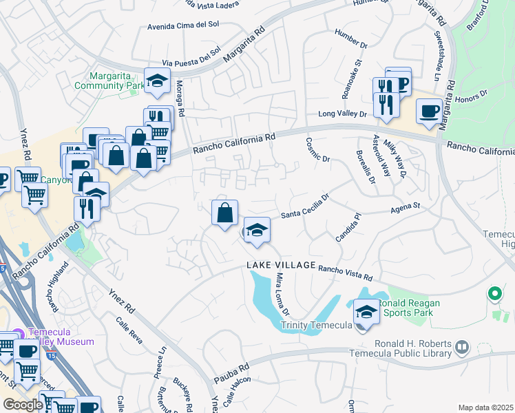 map of restaurants, bars, coffee shops, grocery stores, and more near 29750 Mira Loma Drive in Temecula