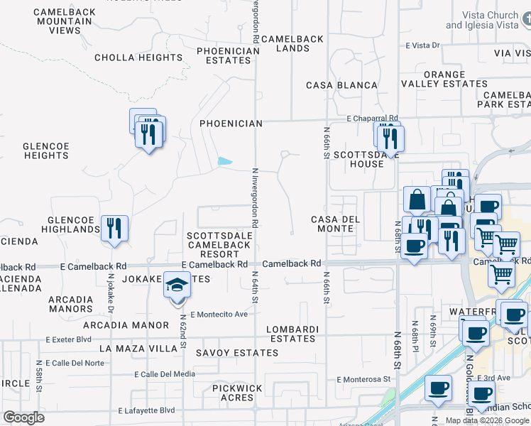 map of restaurants, bars, coffee shops, grocery stores, and more near 4608 North 65th Street in Scottsdale