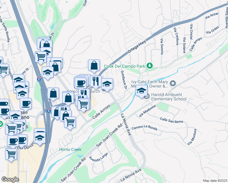 map of restaurants, bars, coffee shops, grocery stores, and more near 31542 Windsong Drive in San Juan Capistrano