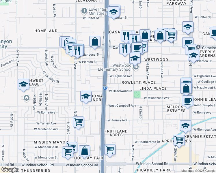 map of restaurants, bars, coffee shops, grocery stores, and more near 251 West Hazelwood Street in Phoenix