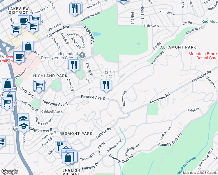 map of restaurants, bars, coffee shops, grocery stores, and more near 1338 34th Street South in Birmingham