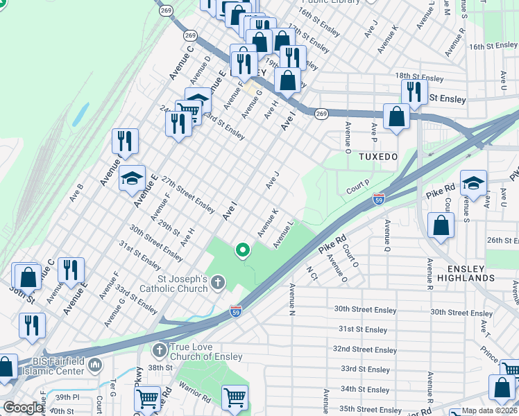 map of restaurants, bars, coffee shops, grocery stores, and more near 2609 Avenue J in Birmingham