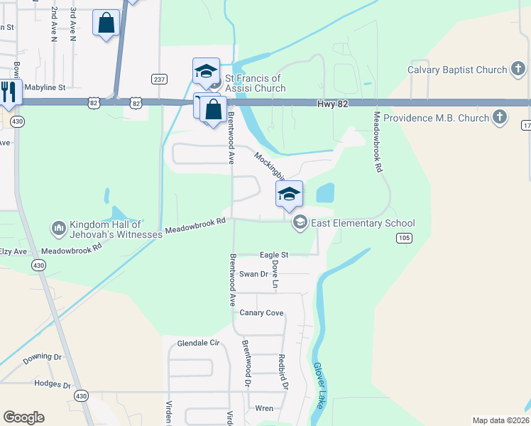 map of restaurants, bars, coffee shops, grocery stores, and more near 299-301 Meadowbrook Road in Greenwood