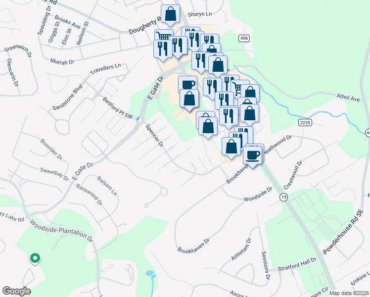 map of restaurants, bars, coffee shops, grocery stores, and more near 138 Hillsborough Lane in Aiken