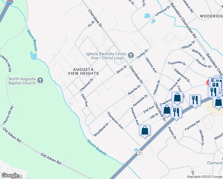 map of restaurants, bars, coffee shops, grocery stores, and more near 125 Yaun Road in North Augusta