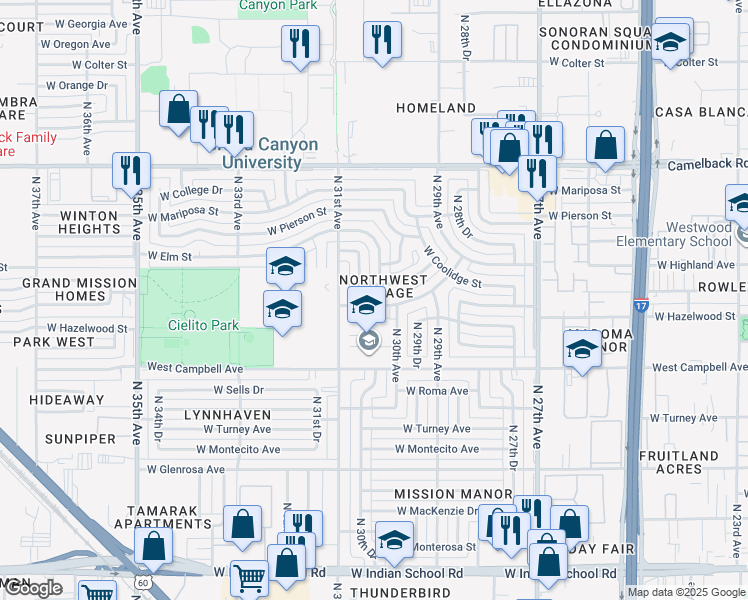 map of restaurants, bars, coffee shops, grocery stores, and more near 3022 West Campbell Avenue in Phoenix