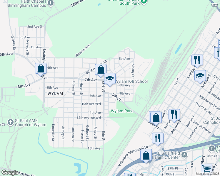 map of restaurants, bars, coffee shops, grocery stores, and more near 701 Erie Street in Birmingham
