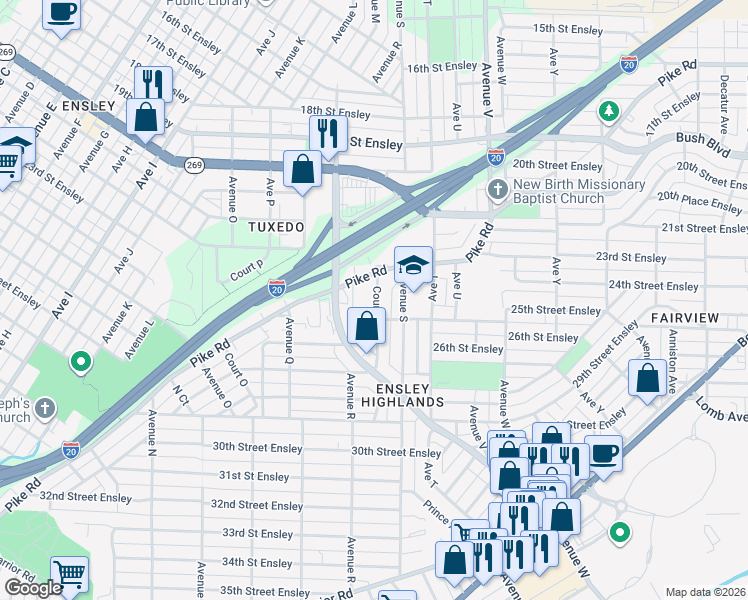 map of restaurants, bars, coffee shops, grocery stores, and more near 2332 Court R in Birmingham