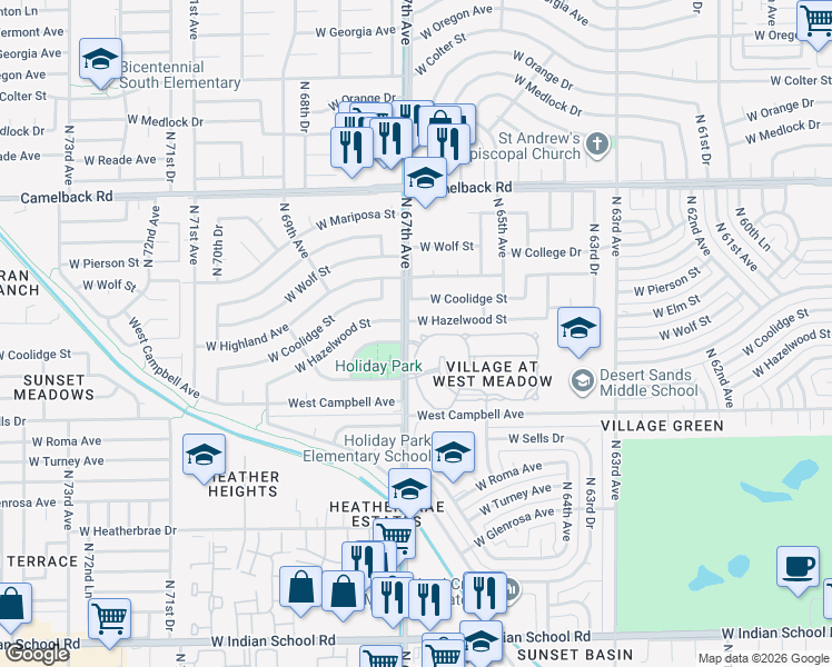 map of restaurants, bars, coffee shops, grocery stores, and more near North 67th Avenue in Phoenix
