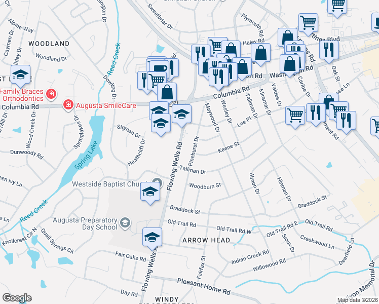 map of restaurants, bars, coffee shops, grocery stores, and more near 225 Pinehurst Drive in Martinez