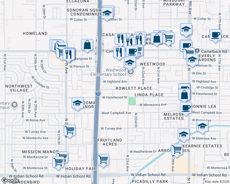 map of restaurants, bars, coffee shops, grocery stores, and more near 2336 West Hazelwood Street in Phoenix