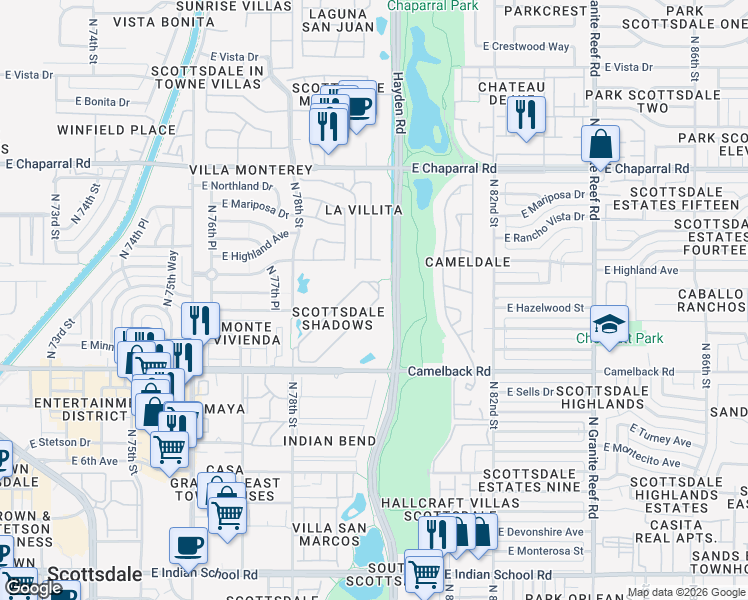 map of restaurants, bars, coffee shops, grocery stores, and more near 7960 East Camelback Road in Scottsdale