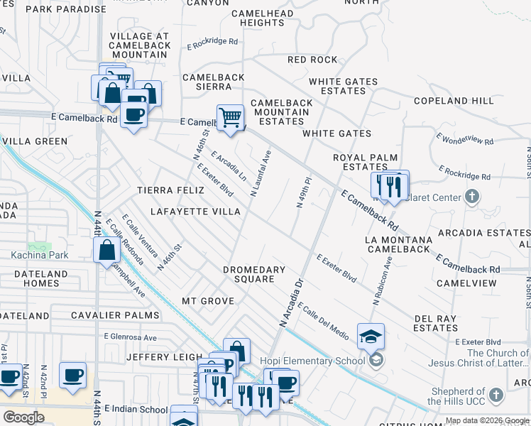 map of restaurants, bars, coffee shops, grocery stores, and more near 4825 East Exeter Boulevard in Phoenix