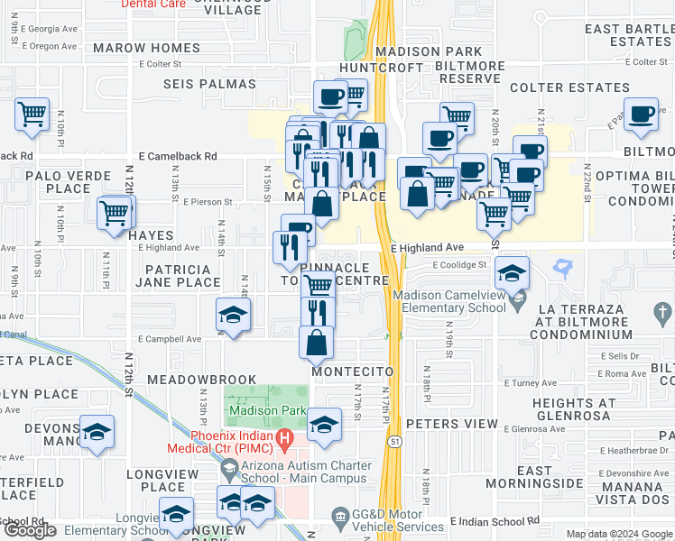map of restaurants, bars, coffee shops, grocery stores, and more near 1643 East Meadowbrook Avenue in Phoenix