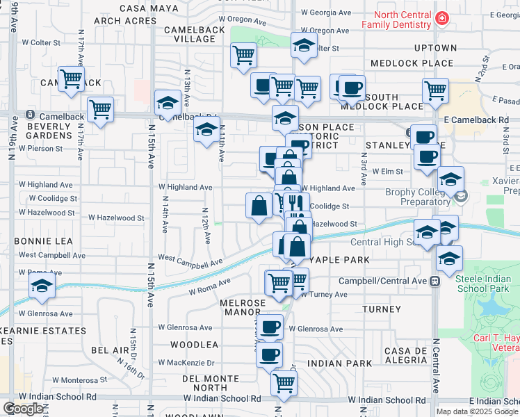 map of restaurants, bars, coffee shops, grocery stores, and more near 722 West Hazelwood Street in Phoenix