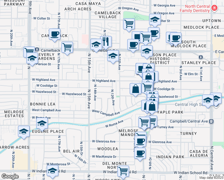 map of restaurants, bars, coffee shops, grocery stores, and more near 4601 North 12th Avenue in Phoenix