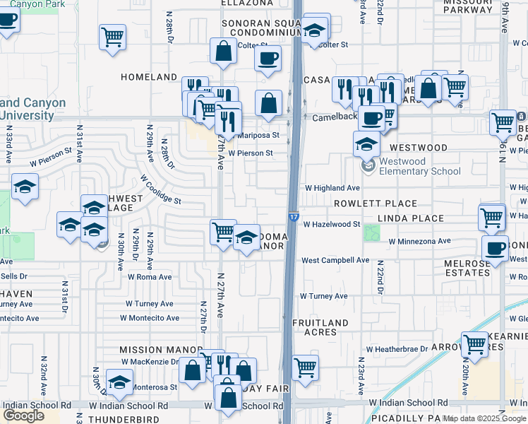 map of restaurants, bars, coffee shops, grocery stores, and more near 2550 West Hazelwood Street in Phoenix