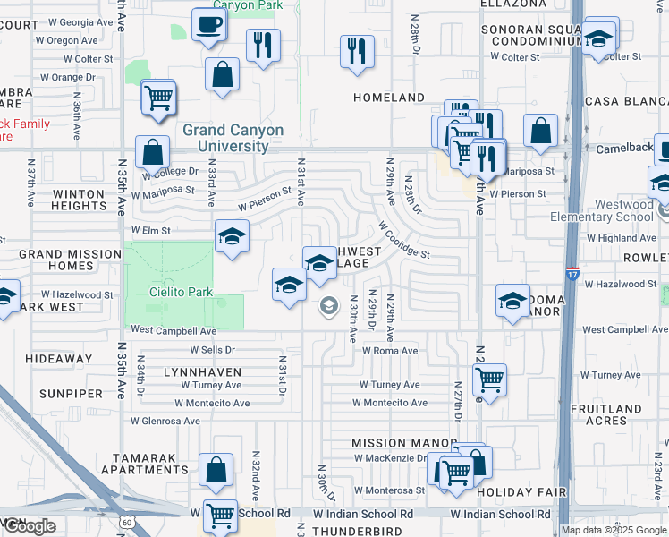 map of restaurants, bars, coffee shops, grocery stores, and more near 3022 West Campbell Avenue in Phoenix
