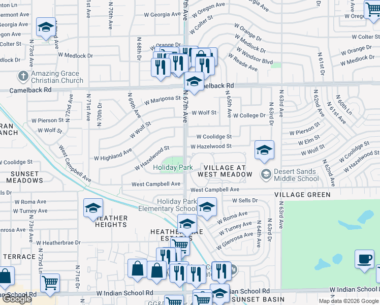 map of restaurants, bars, coffee shops, grocery stores, and more near North 67th Avenue in Phoenix