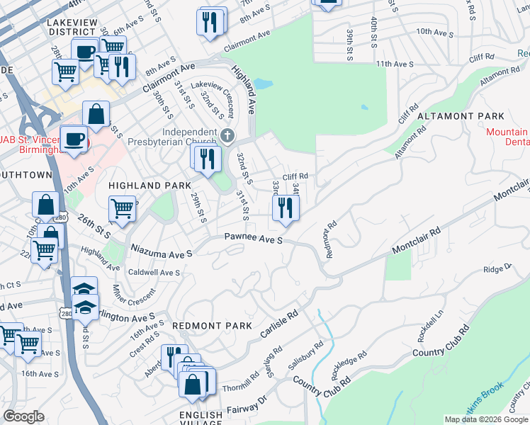 map of restaurants, bars, coffee shops, grocery stores, and more near 1327 31st Street South in Birmingham