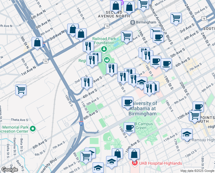 map of restaurants, bars, coffee shops, grocery stores, and more near 1301-1399 4th Alley S in Birmingham